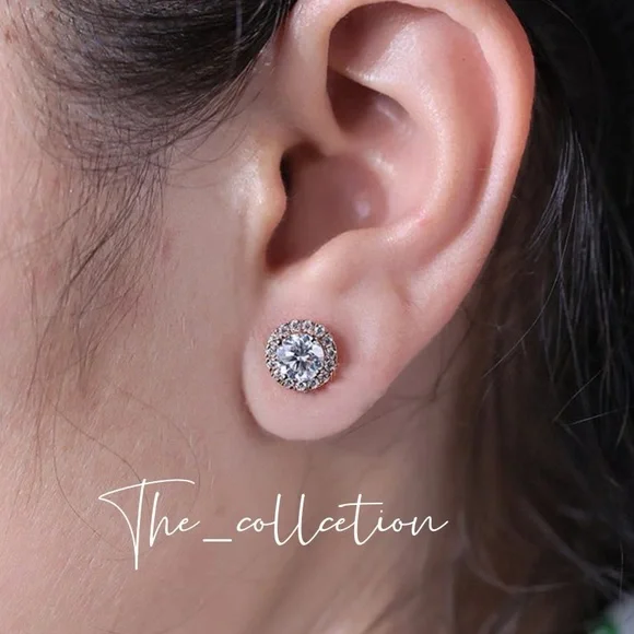 HALO ROSE GOLD PLATED ROUND CUT STUD EARRINGS - Picture 2 of 3